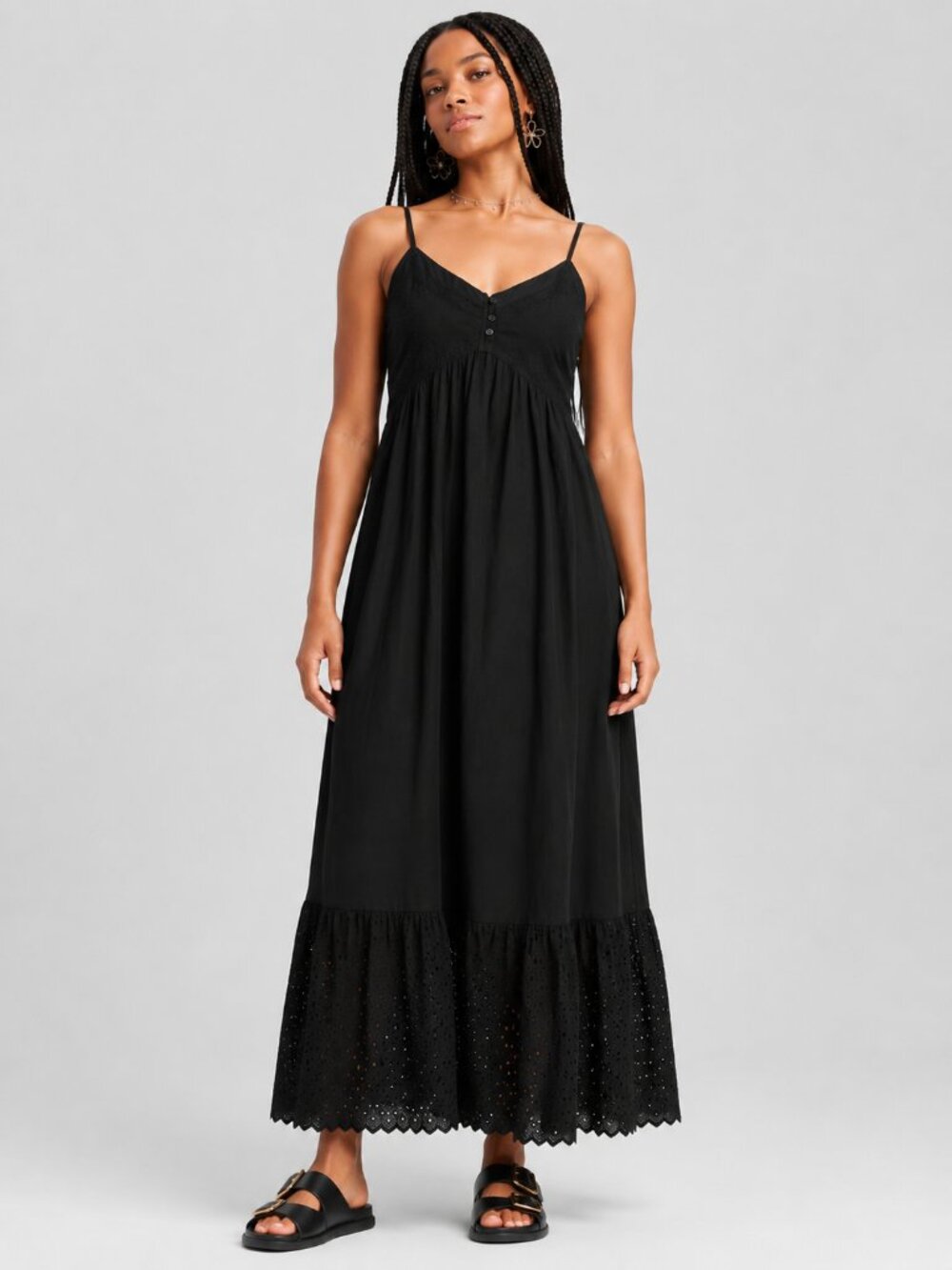 Universal Thread Eyelet Cotton Maxi Sundress V Neck Button Front NWT